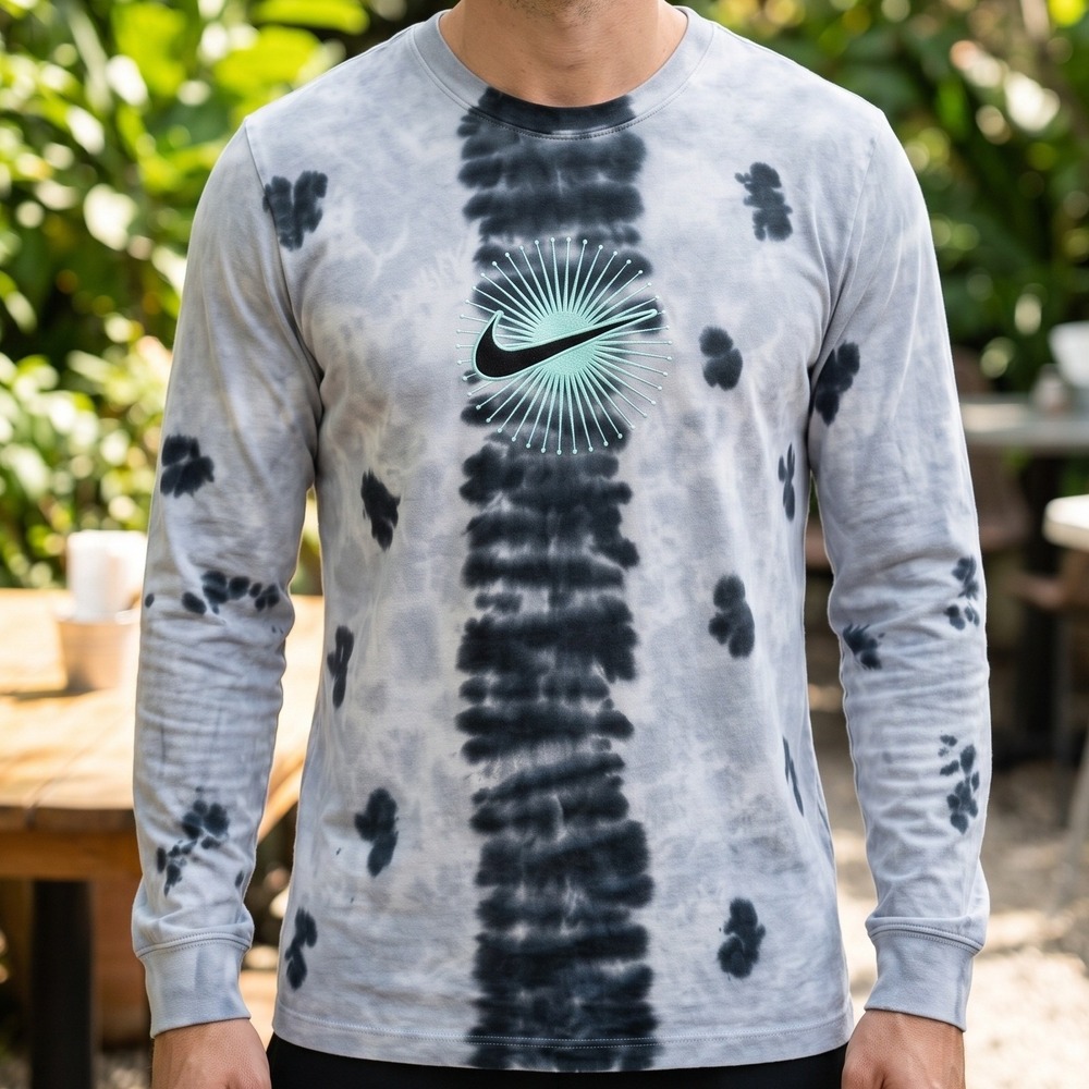 Nike Long Sleeve Tie Dye Swoosh Sunburst Graphic Tee Grey Black Mint Mens L